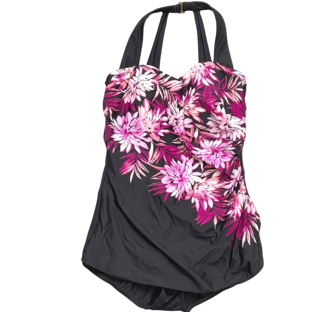 Lands' End 1 Piece Swimsuit Women 8D Black Pink Floral Tummy Control Beach